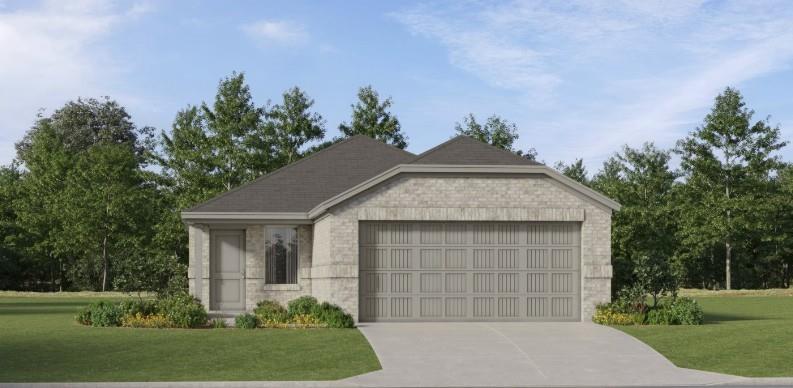 Single-story residence featuring a light brick exterior, a dark shingle roof, and an attached two-car garage with a panel-style door