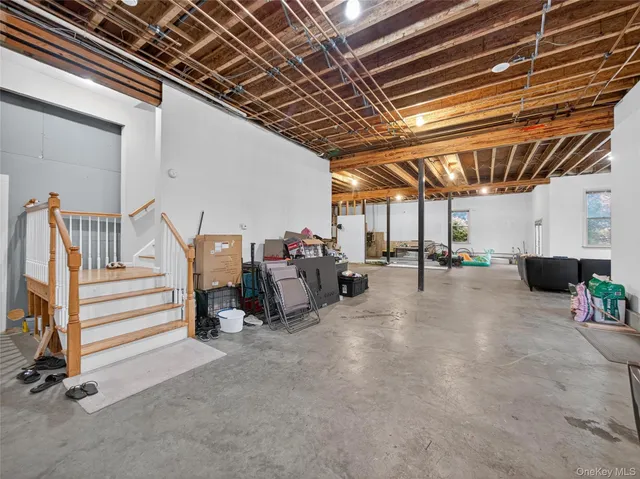 a view of a garage with gym equipment