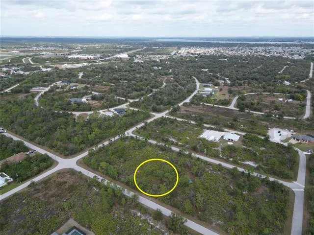 an aerial view of residential houses with outdoor space and trees