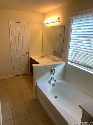 a bathroom with a tub sink and mirror