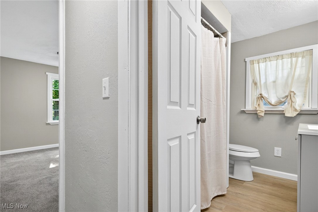 8230 Drake State Line Road Masury, OH 44438 - Photo 34 of 47 Bathroom featuring a shower with curtain, vanity, light wood finished floors, a textured wall, and a textured ceiling