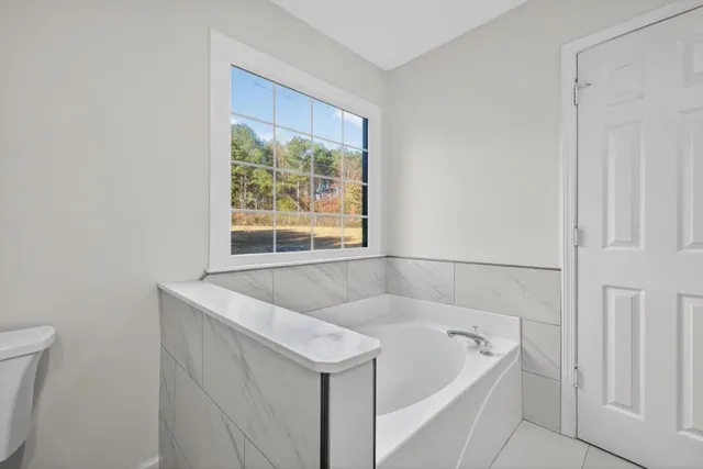 a bathroom with a bathtub and a window