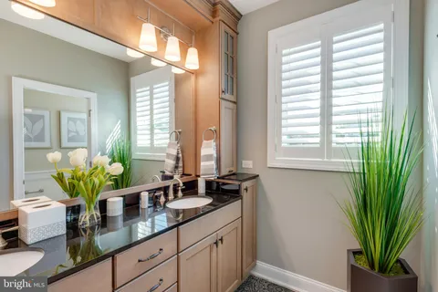 a bathroom with a granite countertop a sink a mirror a potted plant and a window