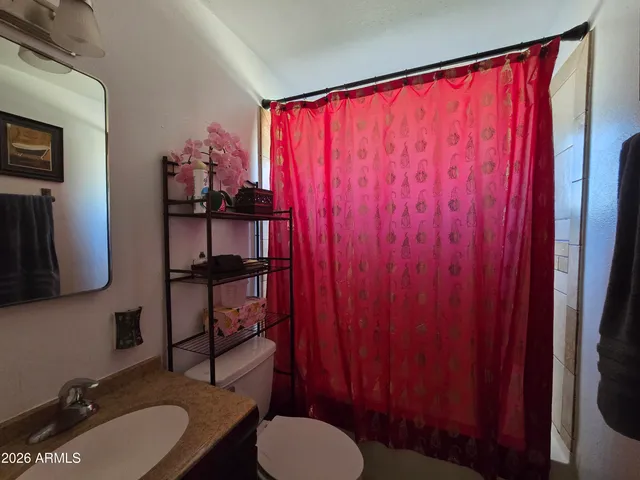 a bathroom with a sink vanity mirror and toilet