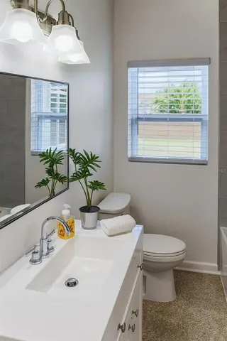a bathroom with a sink a toilet and a mirror