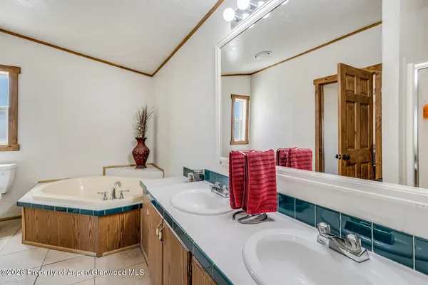 a bathroom with a tub sink and mirror