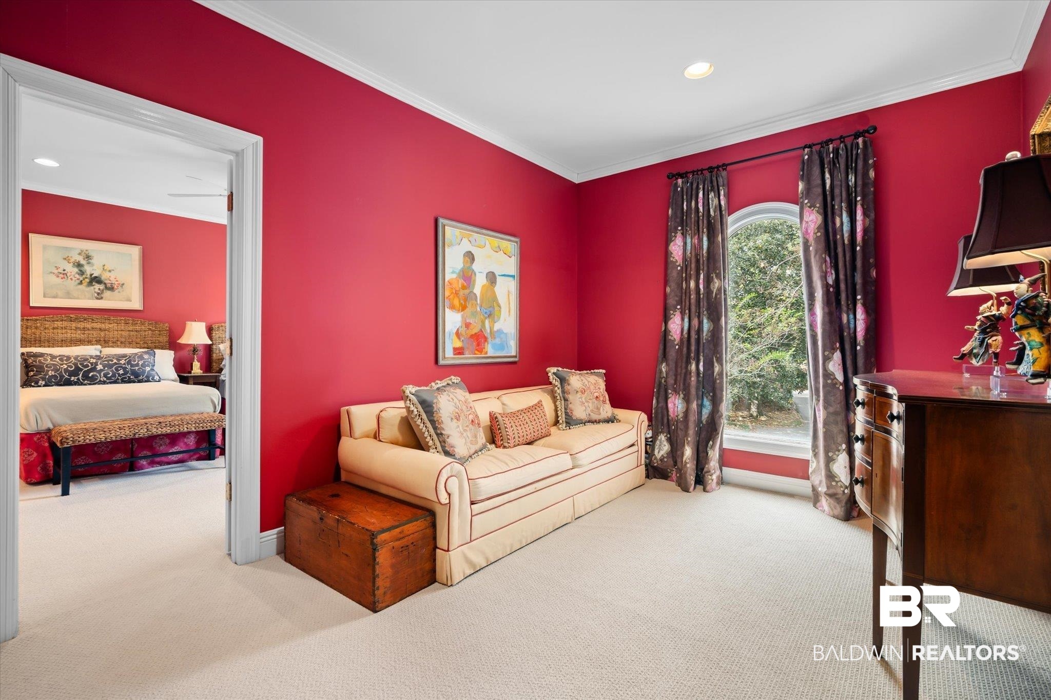 354 Dogwood Lane Mobile, AL 36608 - Photo 20 of 44 Living room featuring light carpet, crown molding, and ceiling fan