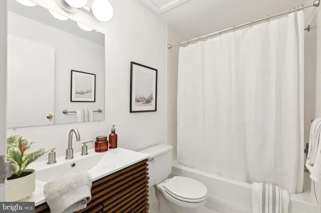 a bathroom with a sink a toilet and shower curtain