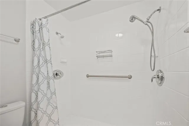 a bathroom with a shower and a toilet