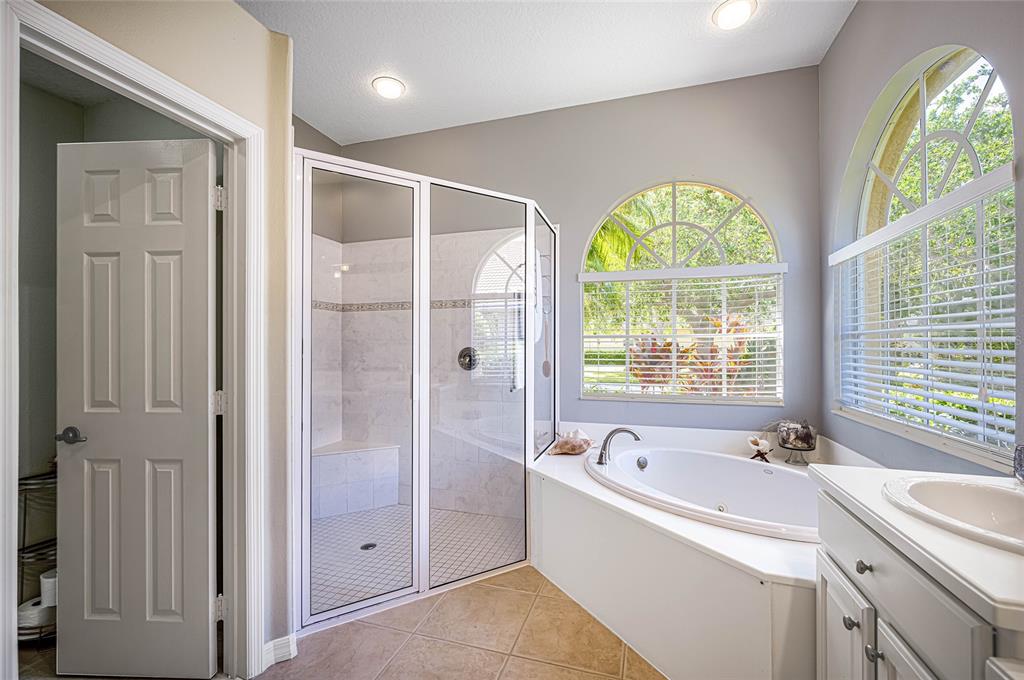 956 Scherer Way Osprey, FL 34229 - Photo 18 of 38 a bathroom with a tub a sink a window and a shower