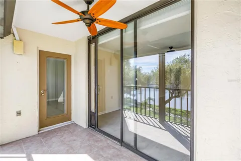 a view of a lake with a patio