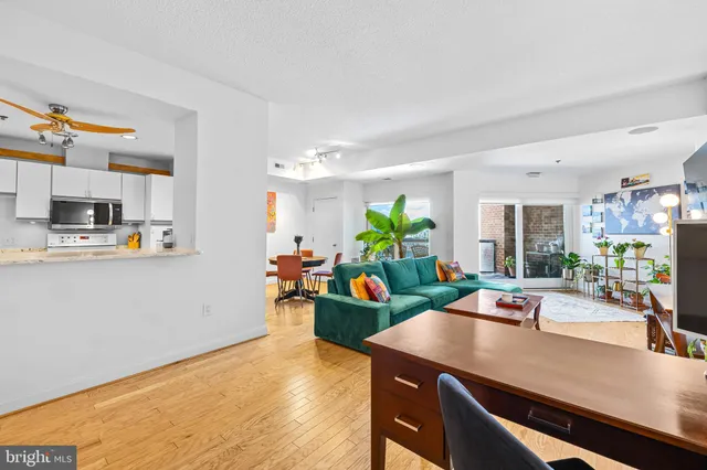 a view of a dining room with furniture