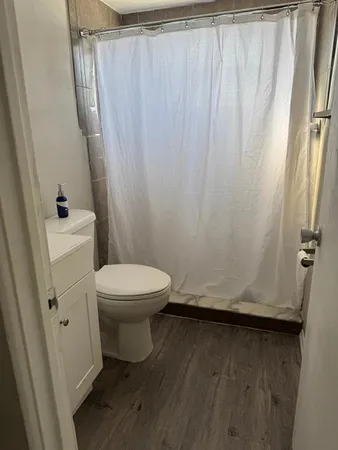 a bathroom with a toilet and a shower