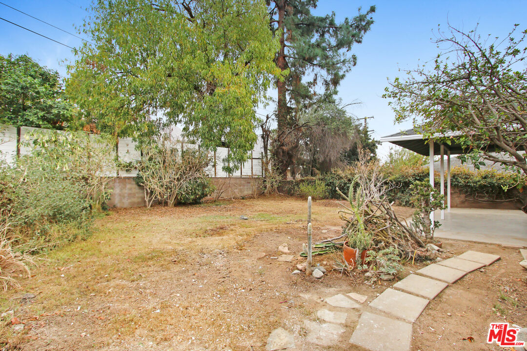 a view of a yard with plants and trees