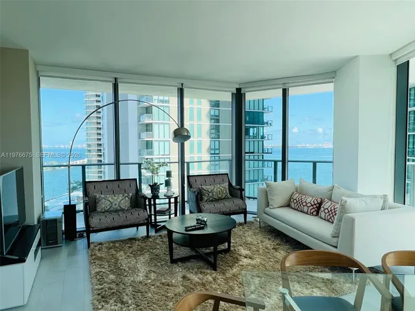 a living room with furniture and a large window