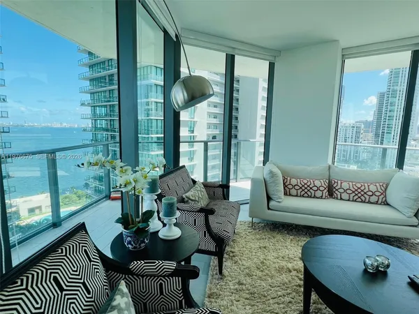 a living room with furniture and a large window