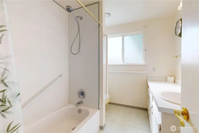 a bathroom with a tub shower vanity and a sink