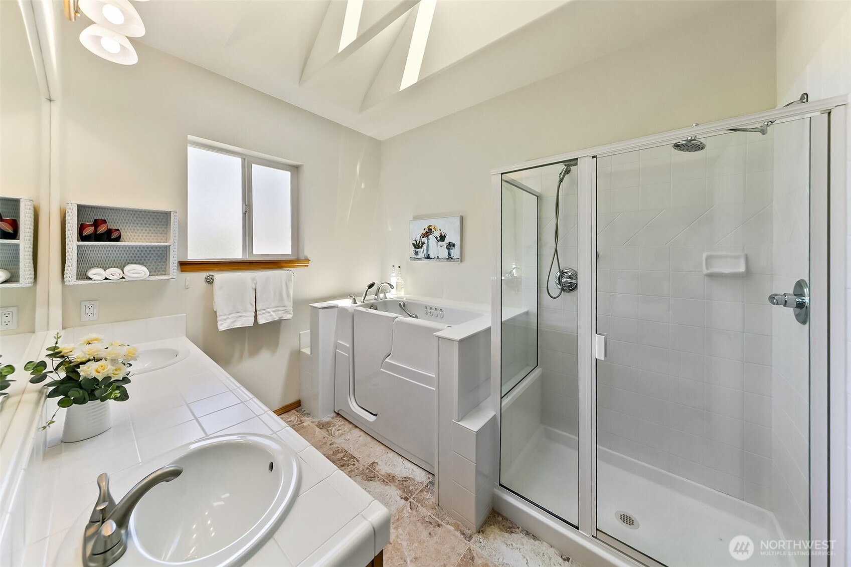 20604 Damson Road Lynnwood, WA 98036 - Photo 14 of 24 a bathroom with a granite countertop sink a mirror and a shower