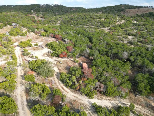 an aerial view of residential houses with outdoor space and trees