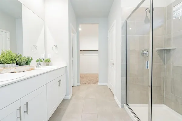a bathroom with a shower and a sink