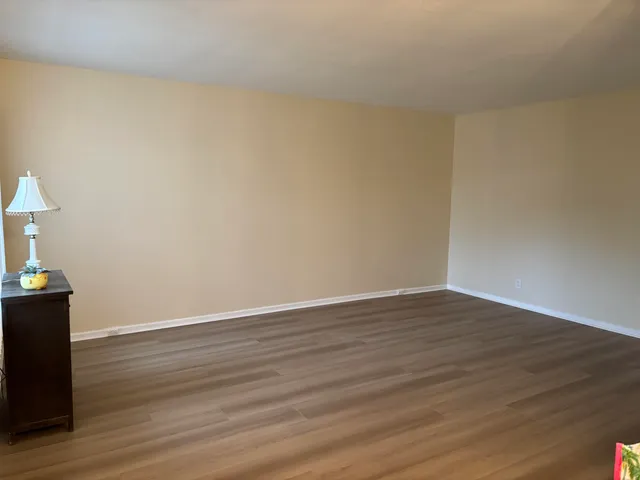 a view of an empty room and wooden floor