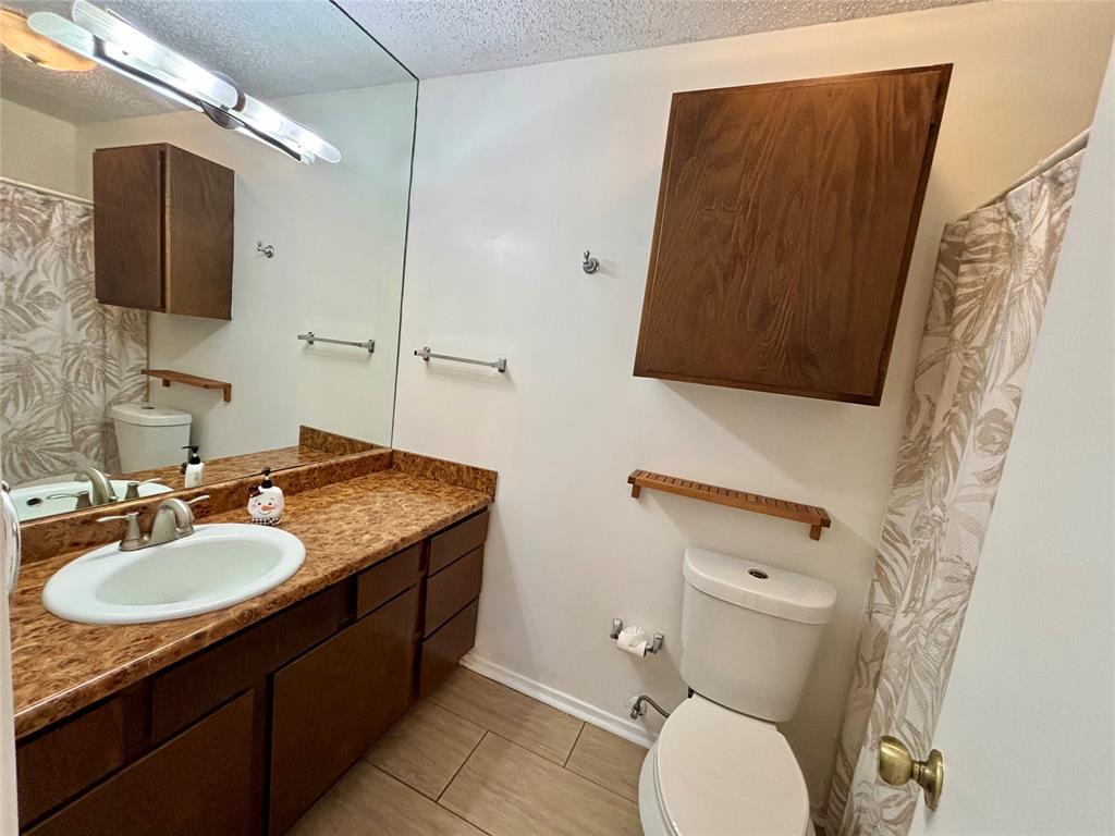 12480 Abrams Road, Unit 2805 Dallas, TX 75243 - Photo 16 of 18 Bathroom with a shower with curtain, vanity, and a textured ceiling