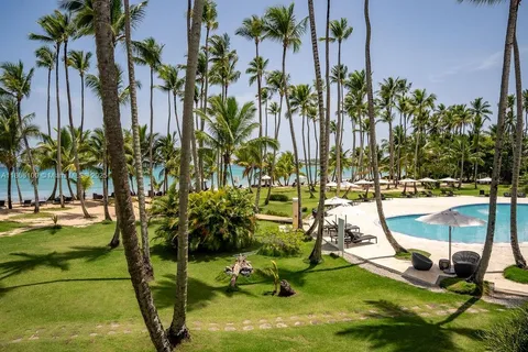 a view of a swimming pool with a yard and palm trees