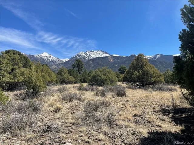 a view of a dry yard with mountains in the background