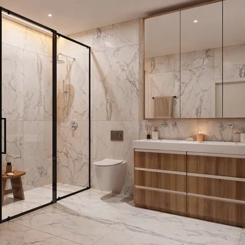 a view of a bathroom with a shower and a sink