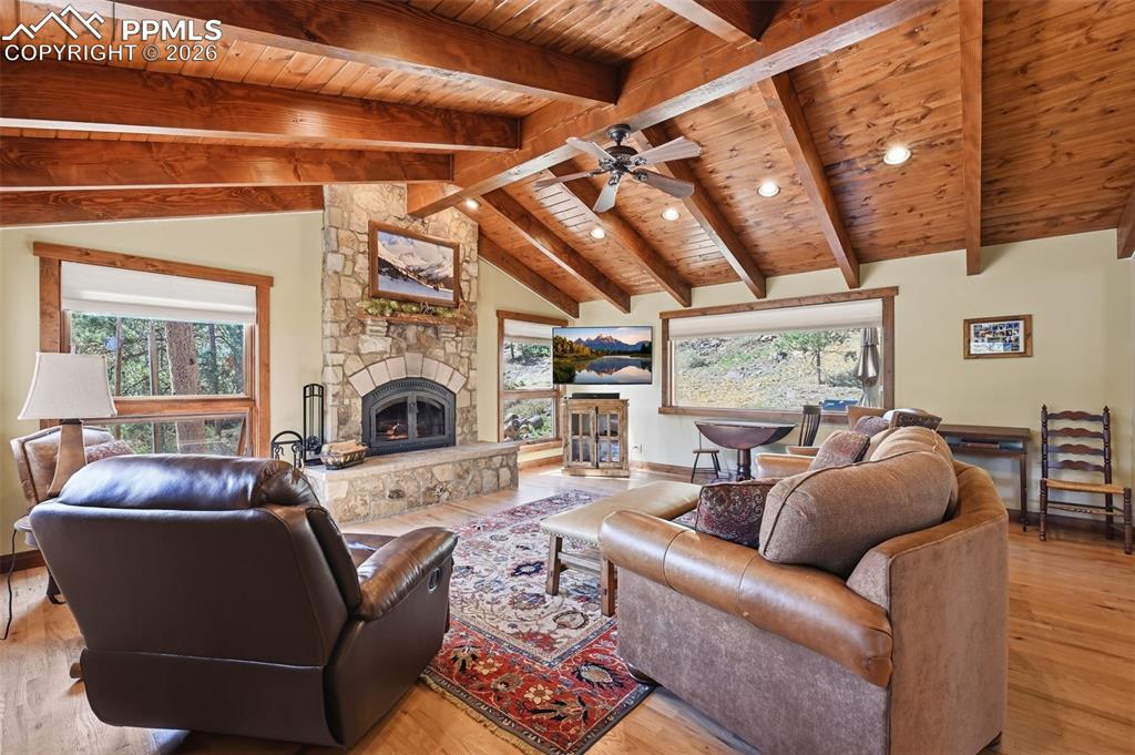 89 Ranch View Road Florissant, CO 80816 - Photo 13 of 50 The first of two captivating fireplaces on this level, this wood-burning fireplace offers a great focal point and provides a cozy source for secondary heating