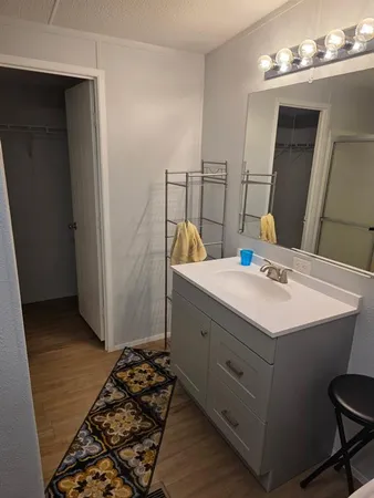 a bathroom with a sink and a mirror