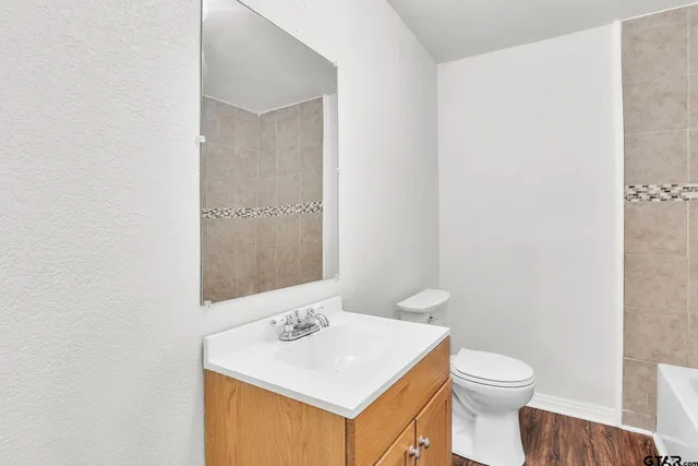 a bathroom with a sink a toilet and mirror