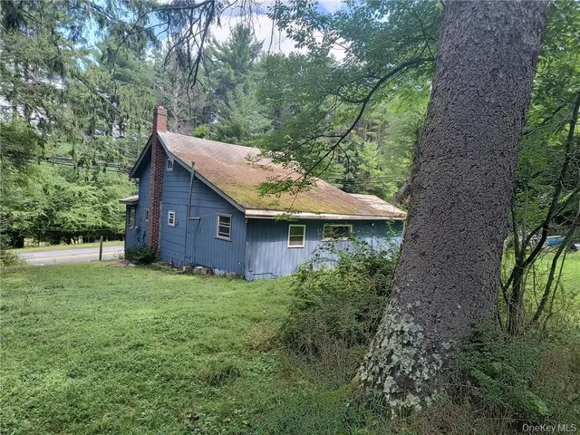 a view of a barn in the middle of a forest