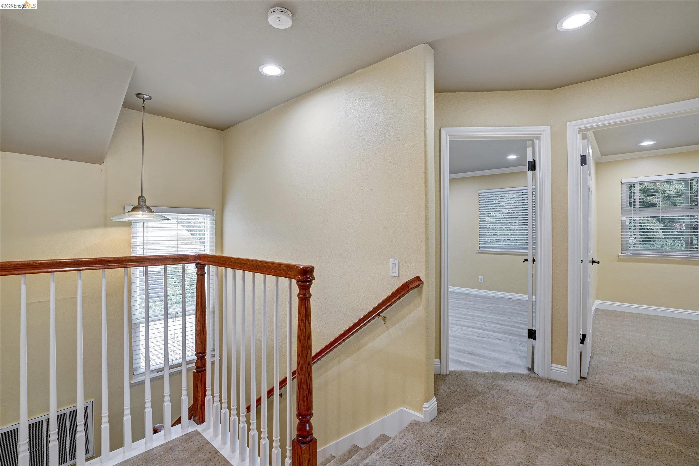 108 Castleton Court San Ramon, CA 94583 - Photo 20 of 41 Hall featuring an upstairs landing, light carpet, and recessed lighting