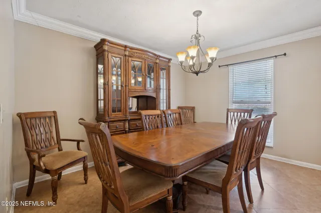a view of a dining room with furniture window and outside view