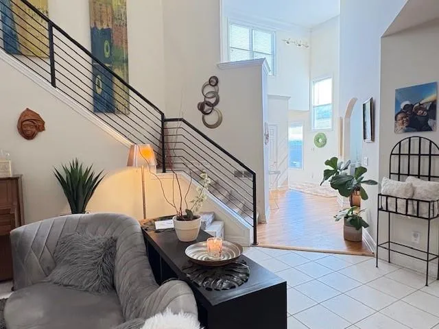 a living room with furniture and a potted plant