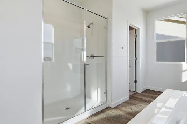 a bathroom with a shower and a glass door