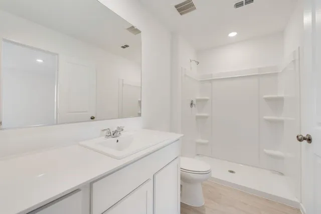 a bathroom with a sink a toilet and shower