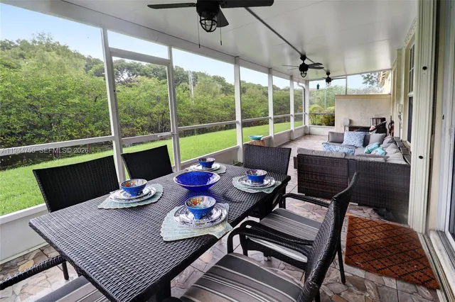 a view of a dining room with furniture window and outside view
