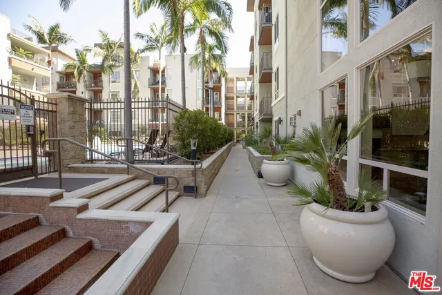 a view of a patio with couches and potted plants