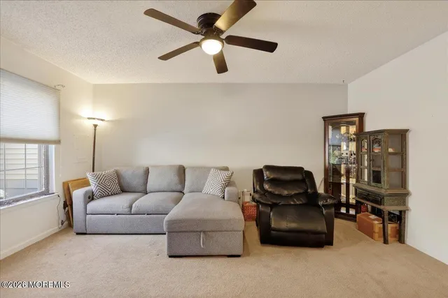 a living room with a bed furniture and a window