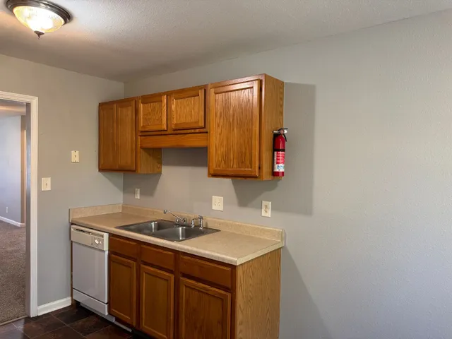 a kitchen with a sink cabinets and a wooden floor