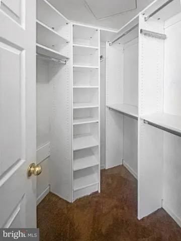a view of walk in closet with empty racks