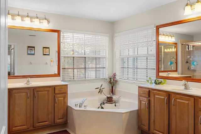 a bathroom with a bathtub sink and mirror