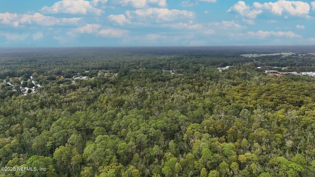 an aerial view of residential houses with outdoor space and trees