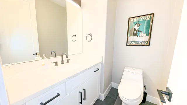 a bathroom with a sink mirror vanity and toilet
