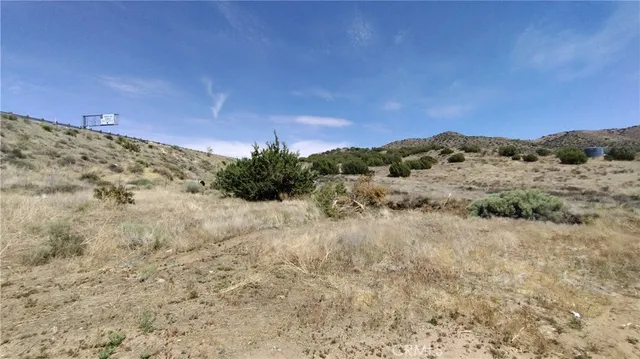 a view of a dry yard with mountains in the background