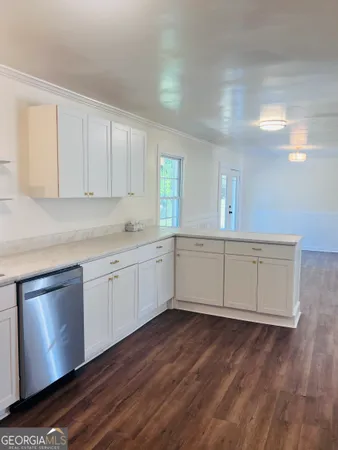 a kitchen with a sink cabinets and wooden floor
