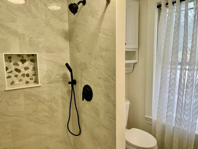 a bathroom with a shower toilet