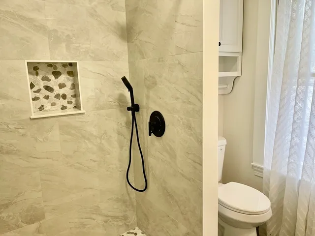 a bathroom with a shower and toilet